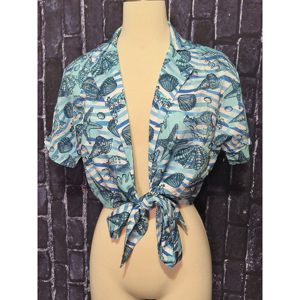 SHEIN Tropical Crop Top Women's M Blue Sea Shell Print Tie Front Short Sleeve
